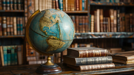 An elegant display of a vintage globe alongside a classic book collection, perfect for study rooms or libraries.