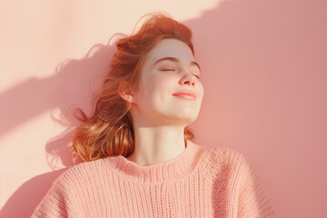A woman in a pink sweater is laying on her back, smiling and looking relaxed