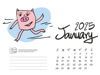 Calendar 2025 design template with Cute Pig vector illustration, January 2025, Lettering, Desk calendar 2025 layout, planner, wall calendar template, pig cartoon character, holiday event