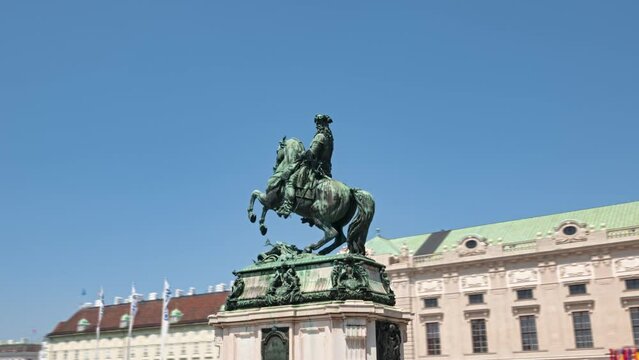 Close-up hyper lapse Imperial Palace Hofburg and Statue of Prince Eugene of Savoy, Vienna, Austria
