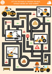 Construction site geometrical maze for kids with road repair concept, workers, special cars, technics, crane, truck. Building works preschool printable activity. Rout service labyrinth game, puzzle.