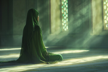 A woman in a green dress is sitting on the floor in a room with sunlight shining