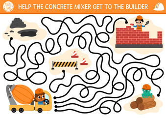 Construction site maze for kids with industrial concept. Help the concrete mixer go to worker building brick house. Building works preschool printable activity. Repair service labyrinth game, puzzle.