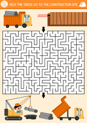 Construction site geometrical maze for kids with road repairing workers, special cars, truck. Building works preschool printable activity. Labyrinth game, puzzle with crawler crane laying pipes.