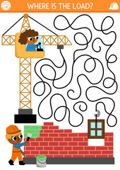 Construction site maze for kids with industrial concept, lifting crane putting down window into house, builder painting brick wall. Building works preschool printable activity, labyrinth game, puzzle. - obrazy, fototapety, plakaty