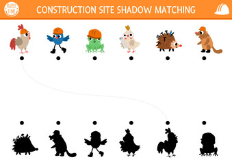 Construction site shadow matching activity with animal and bird workers in hard hats. Building works puzzle with funny builders. Find correct silhouette printable worksheet or game for kids.