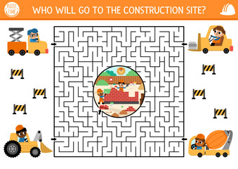 Construction site geometrical maze for kids with industrial scene, builder, special car, technics, bulldozer, truck. Building works preschool printable activity. Repair service labyrinth game, puzzle.