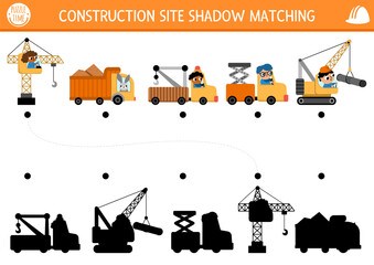 Construction site shadow matching activity with special transport, vehicles. Building works puzzle with lifting crane, truck, evacuator. Find correct silhouette printable worksheet or game for kids.