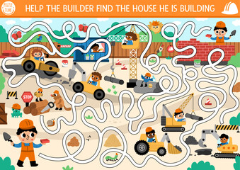 Construction site maze for kids with industrial landscape, builders, special cars, technics, bulldozer, crane, truck. Building works preschool printable activity. Repair service labyrinth game, puzzle