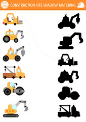 Construction site shadow matching activity with special transport, vehicle. Building works puzzle with roller, digger, excavator, bulldozer. Find correct silhouette printable worksheet or game for kid