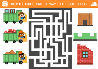 Construction site maze for kids with trucks and drivers taking different materials to houses they built. Building works preschool printable activity, labyrinth game, puzzle with homes.