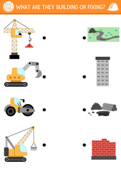 Construction site matching activity with special technics and the objects they are fixing or building. Building works puzzle, game, printable worksheet. Repair service match up page.
