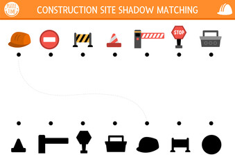 Construction site shadow matching activity with traditional symbols. Building works puzzle with barrier, helmet, road, sign, tool box. Find correct silhouette printable worksheet or game for kids.