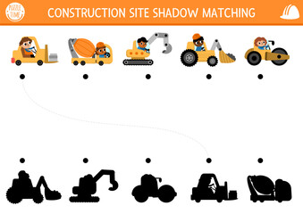 Construction site shadow matching activity with special transport, vehicle. Building works puzzle with concrete mixer, excavator, bulldozer. Find correct silhouette printable worksheet or game for kid