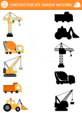 Construction site shadow matching activity with special transport, vehicle. Building works puzzle with lifting crane, truck, concrete mixer. Find correct silhouette printable worksheet or game for kid