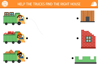 Construction site matching activity with trucks loaded with different materials and houses. Building works puzzle. Match the objects game, printable worksheet. Repair service match up page.