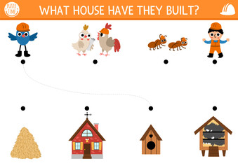 Construction site matching activity with animal and bird builders and houses they built. Building works puzzle. Match the objects game, printable worksheet. Repair service match up page.