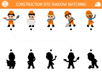 Construction site shadow matching activity with workers. Building works puzzle with builder, painter, engineer, architect in hard hats. Find correct silhouette printable worksheet or game for kids.