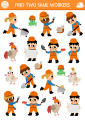 Obraz na płótnie Canvas Find two same workers. Construction site matching activity for children. Building works educational quiz worksheet for kids for attention skills. Simple printable game with cute builders.