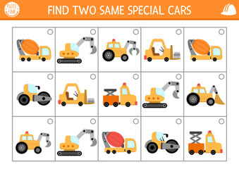Find two same special cars. Construction site matching activity for children. Building works educational quiz worksheet for kids for attention skills. Simple printable game with cute vehicles.