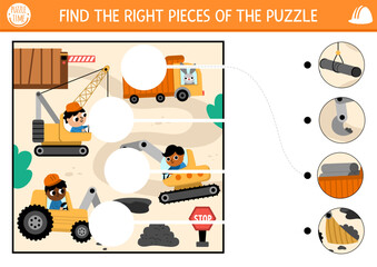 Construction site matching activity with road repair scene and special technics. Building works puzzle, game, printable worksheet. Repair service match up page. Find missing parts of the picture.