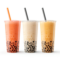 Set of fresh boba bubble milk tea, splashing in glass with tapioca pearls, vector illustration design