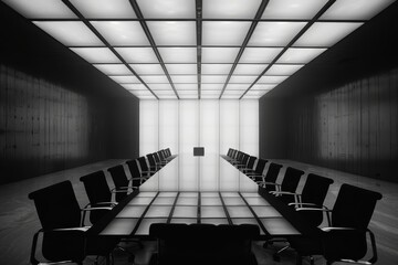 Executives in a high stakes boardroom make powerful, decisive decisions amidst sleek modern design - obrazy, fototapety, plakaty
