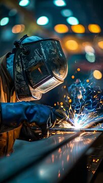 A man is welding metal in a factory. The image has a mood of industrial and hard work