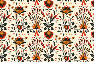 Folk art style floral pattern on cream - obrazy, fototapety, plakaty
