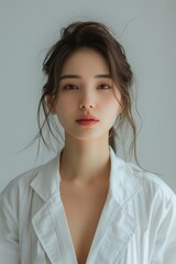 A young Asian woman with red lipstick wearing a white shirt.