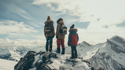 A group of individuals, hikers or climbers, standing on the peak of a snow-covered mountain in a cinematic shot captured on film.