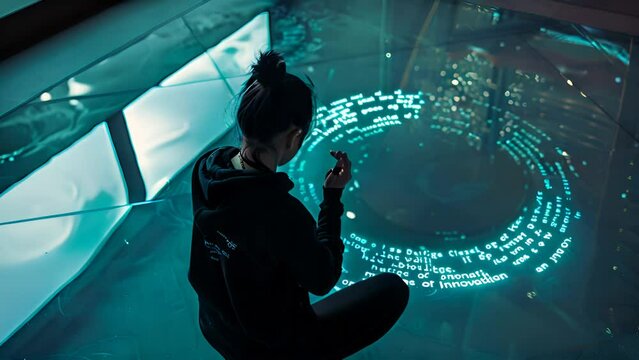 A woman engages with a cutting-edge digital display, manipulating swirling patterns of light and text with her hands