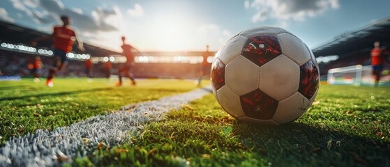 A lively football match with a stadium packed with fans, players in mid kick, vibrant team colors, and an energetic and competitive atmosphere - obrazy, fototapety, plakaty