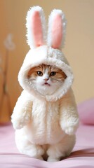 A cat dressed in a bunny costume sits on a cozy bed.