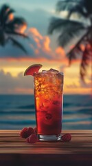 Realistic depiction of a tall glass containing a beverage placed on a table on the beach.