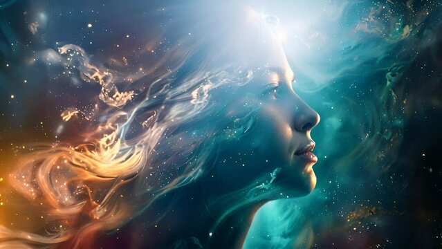 A digital portrait of a womans profile, her hair and skin blending into a galaxy motif, illustrating a celestial theme