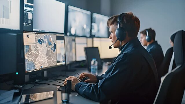 Security personnel working diligently in a high-tech control room, analyzing real-time data on multiple screens during a night shift