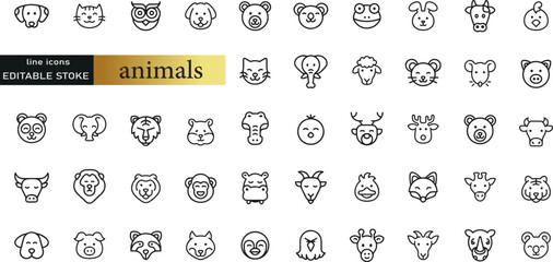 Farm and hunting animals, thin line icon set. Symbol collection in transparent background. Editable vector stroke