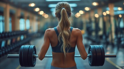 beautiful Young woman lifting weights in gym wide-angel full body shot created by ai - obrazy, fototapety, plakaty