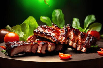ditailed  pork ribs  grilled with BBQ on flame , smoke, meat texture, green  sunny leaves bokeh background
