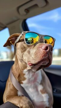 A brown and white dog wearing sunglasses is sitting in a car