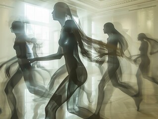 Modern dance rehearsal, dancers move gracefully, mirrored walls reflect their dynamic movements - obrazy, fototapety, plakaty