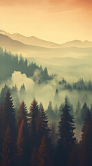 Obraz premium Foggy forest in the mountains at dawn and hills retro color landscape. Phone wallpaper background, for stories, media, social sample, banner.