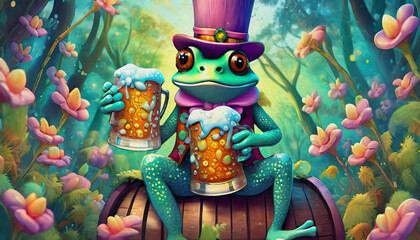 OIL PAINTING STYLE CARTOON CHARACTER multicolored a frog with a top hat sits on a barrel and drinks beer, - obrazy, fototapety, plakaty