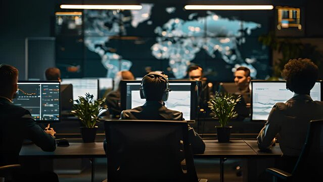 A group of professionals oversees international activities from a sophisticated control room with multiple screens