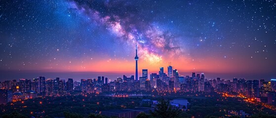Nighttime cityscape viewed from a rooftop, skyscrapers illuminated, stars overhead, urban mesmerizing scene