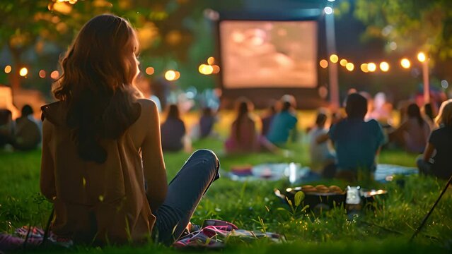 A woman is seated on the grass, attentively watching a movie on a screen