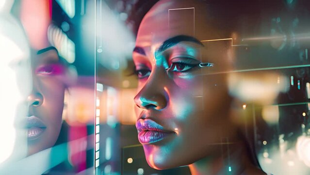 African american woman stands before a mirror, examining her reflection with a focused expression