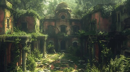 A lush, vibrant forest slowly reclaims an abandoned city, nature's resilience on display amidst...