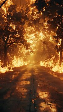 A forest fire is burning through a road. The fire is so intense that it is creating a bright orange glow in the sky. The scene is both beautiful and terrifying